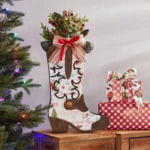 🌸 New Pioneer Woman Wooden Tabletop Christmas Decoration White Boot, 17"x11"